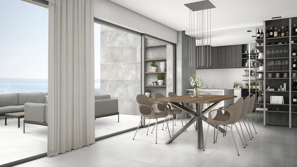 Brooklyn Cemento White Honed Concrete Look Porcelain Tiles 24x24 installed in a dining room