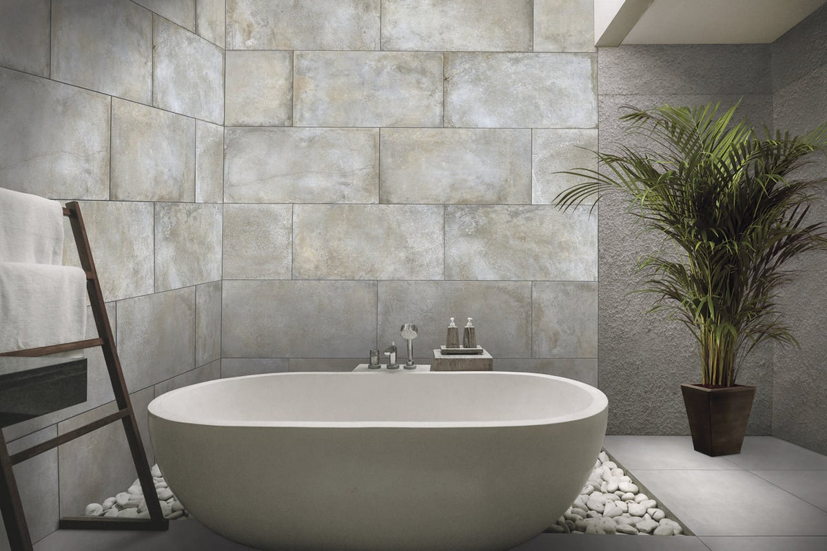 Brooklyn Cemento White Honed Concrete Look Porcelain Tiles 24x48 installed in a bathroom