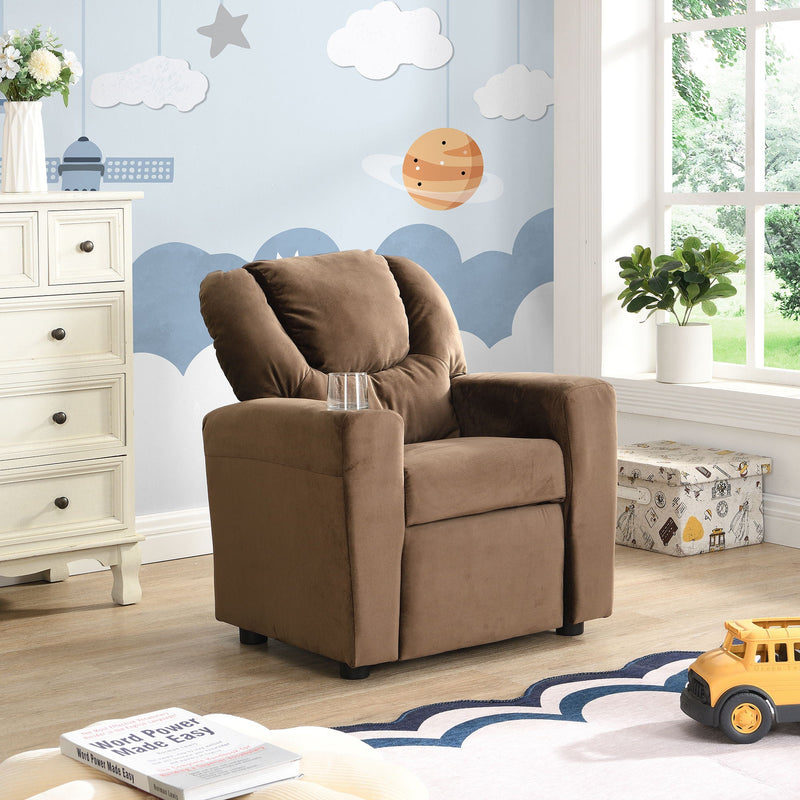 Brown Kids Recliner Chair with Cup Holder - Manual Reclining Fabric Couch, photo 2 of 4