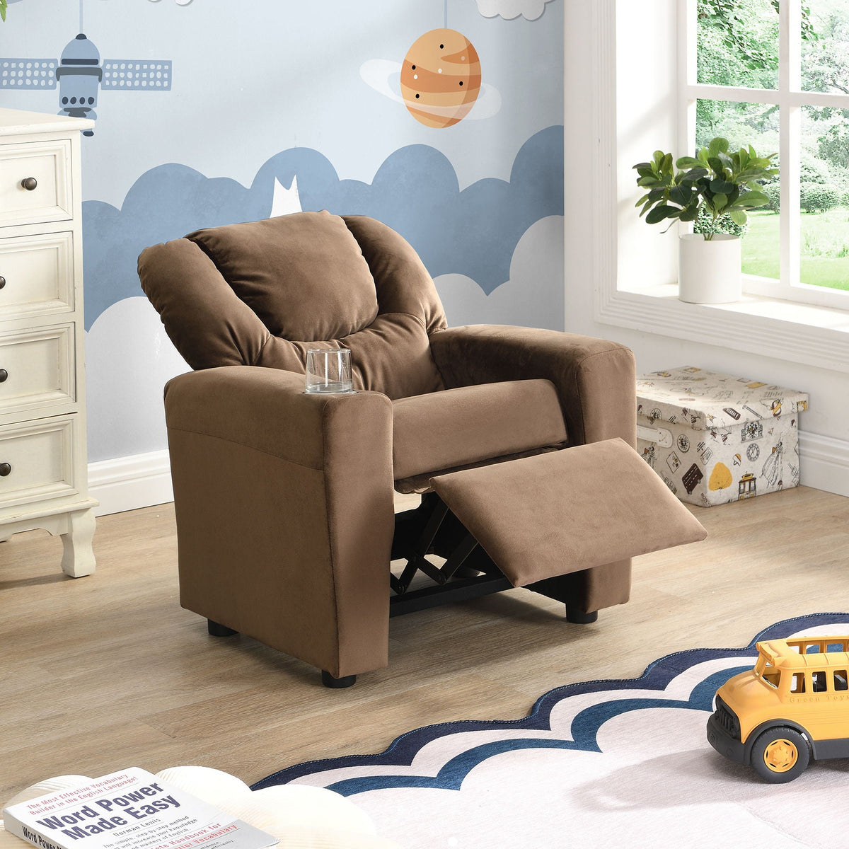 Brown Kids Recliner Chair with Cup Holder - Manual Reclining Fabric Couch, photo 3 of 4