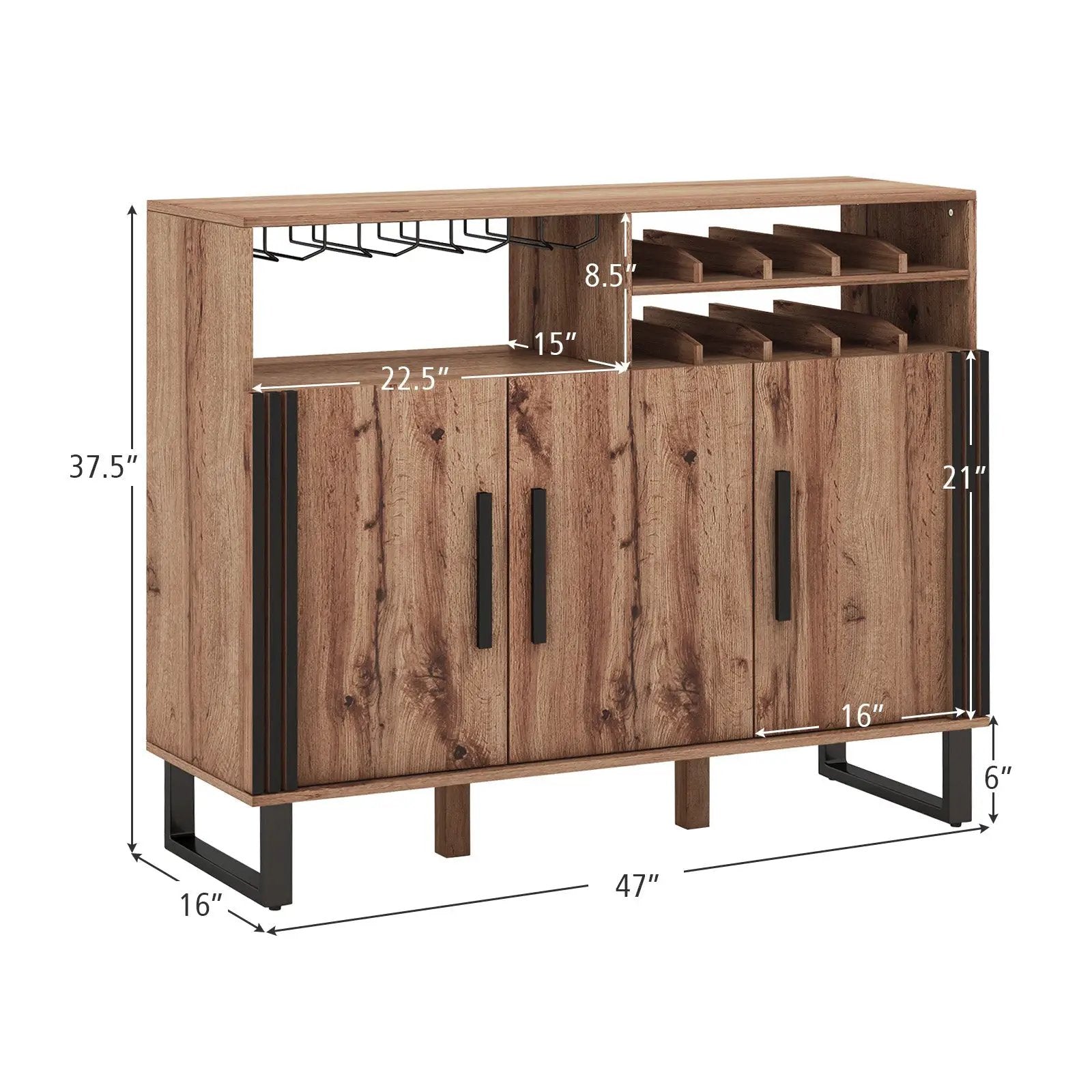 Home Wine Bar Cabinet with 3 Doors and Adjustable Shelves-Brown by DirectDeals