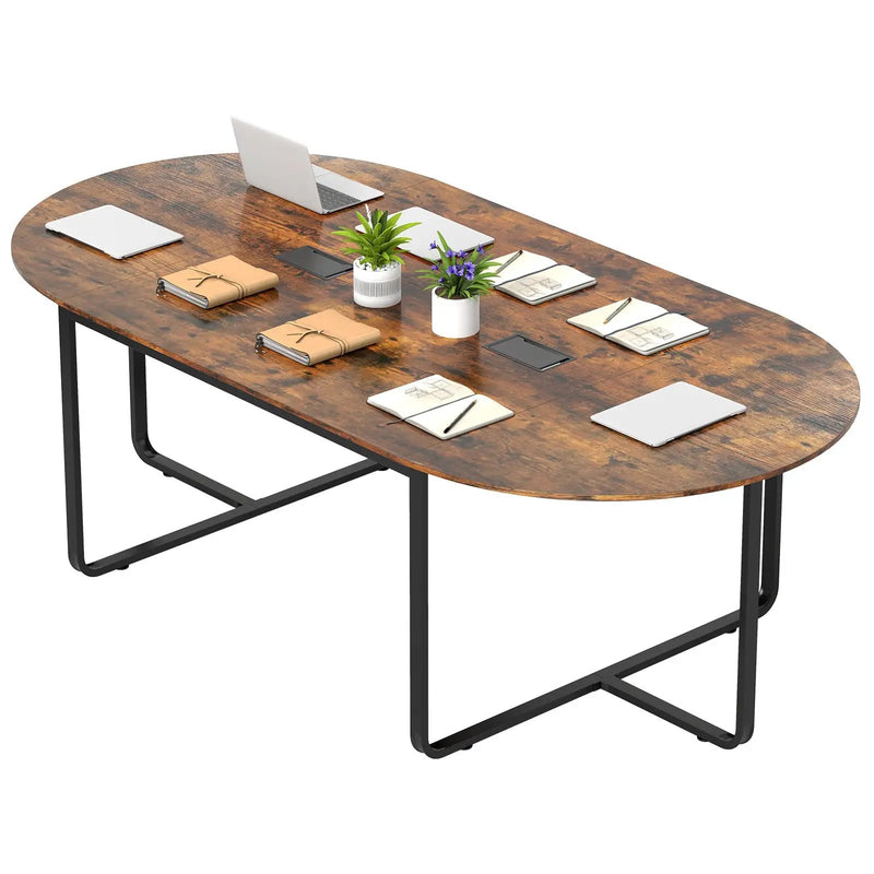 95 Inches Oval Conference Industrial Executive Table with Dual Cable Holes-Rustic Brown by DirectDeals