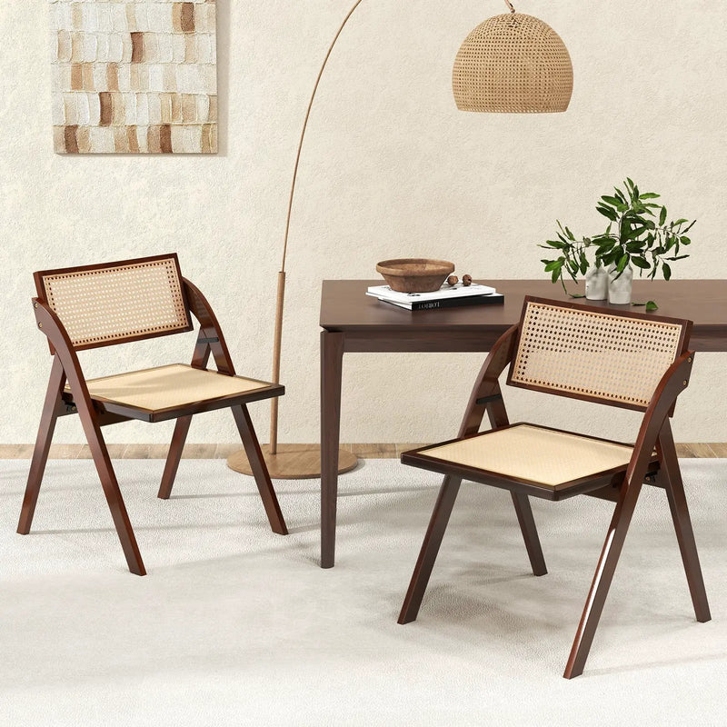 Foldable Dining Chairs Set of 2 with Woven Rattan Backrest by DirectDeals