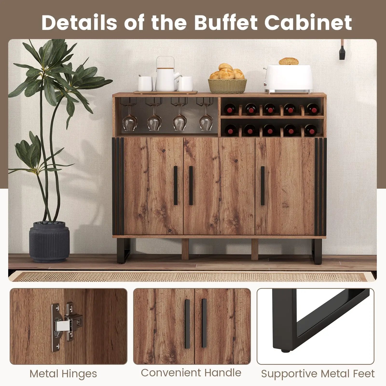 Home Wine Bar Cabinet with 3 Doors and Adjustable Shelves-Brown by DirectDeals