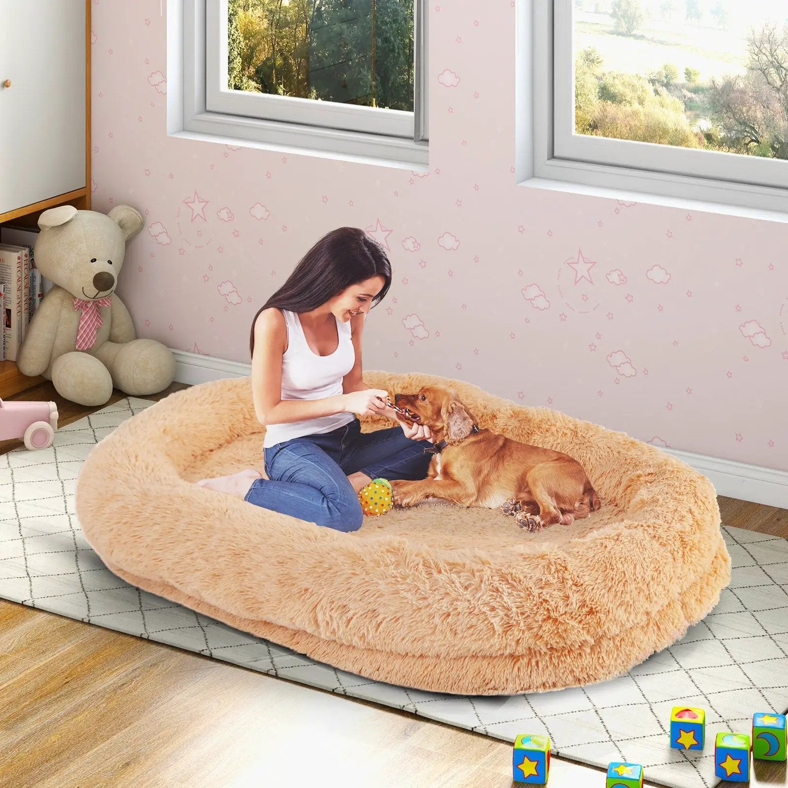 Washable Fluffy Human Dog Bed with Soft Blanket and Plump Pillow by DirectDeals