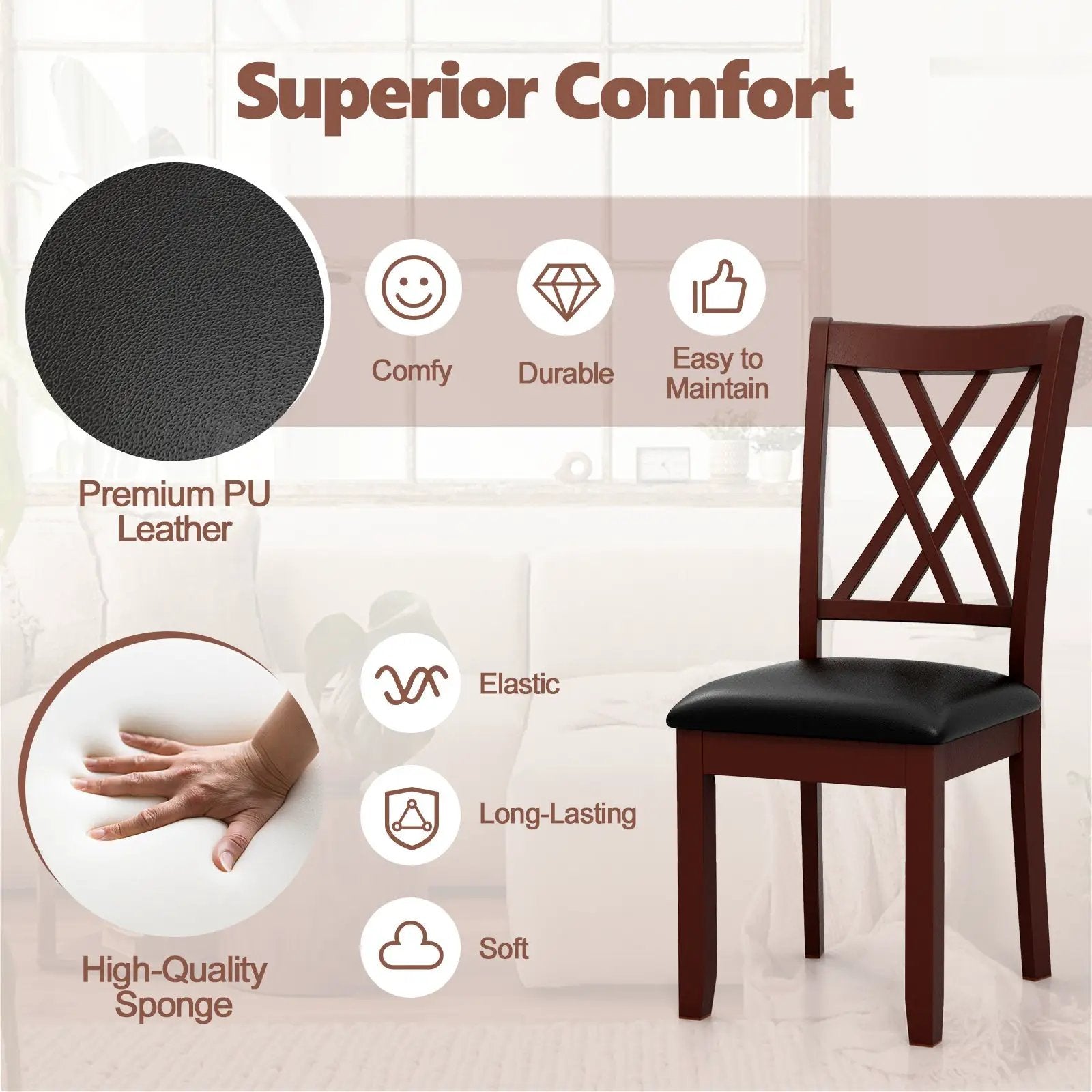 Set of 2 Dining Chair with Backrest and Padded Seat-Brown by DirectDeals