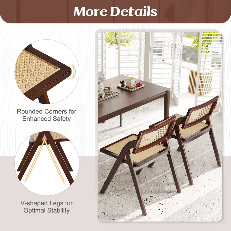 Foldable Dining Chairs Set of 2 with Woven Rattan Backrest by DirectDeals