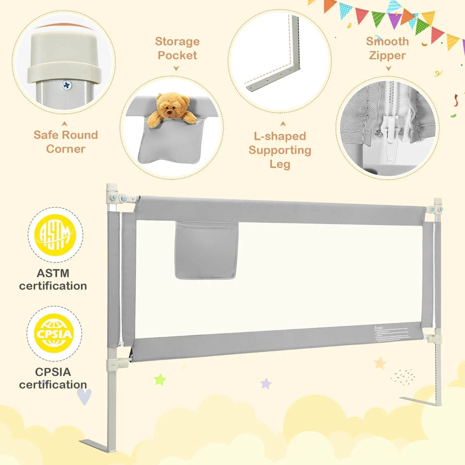 76.8 Inch Baby Bed Rail with Double Safety Child Lock by DirectDeals