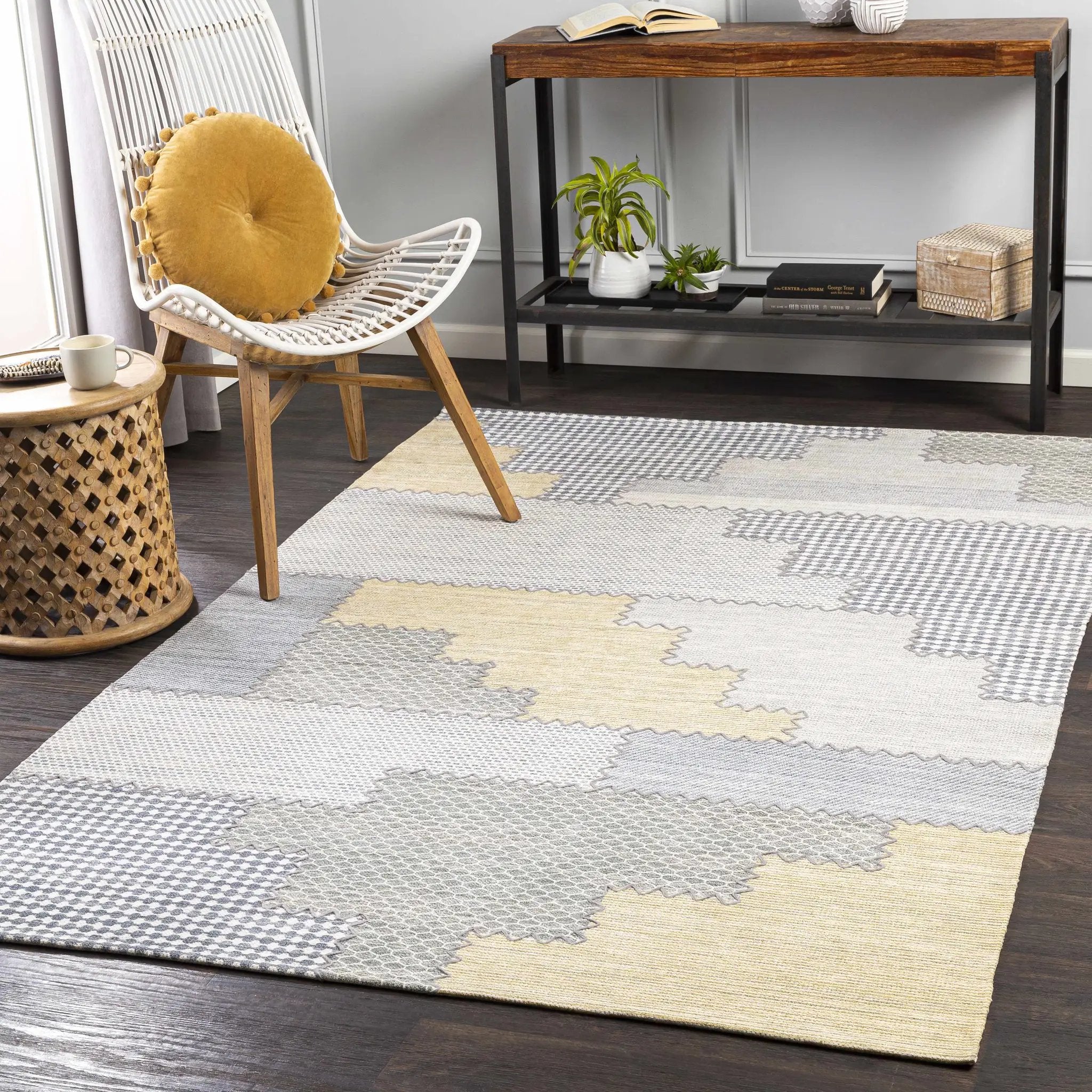 Bishopton Blue/Yellow Patchwork Viscose Rug - Clearance by Boutique Rugs