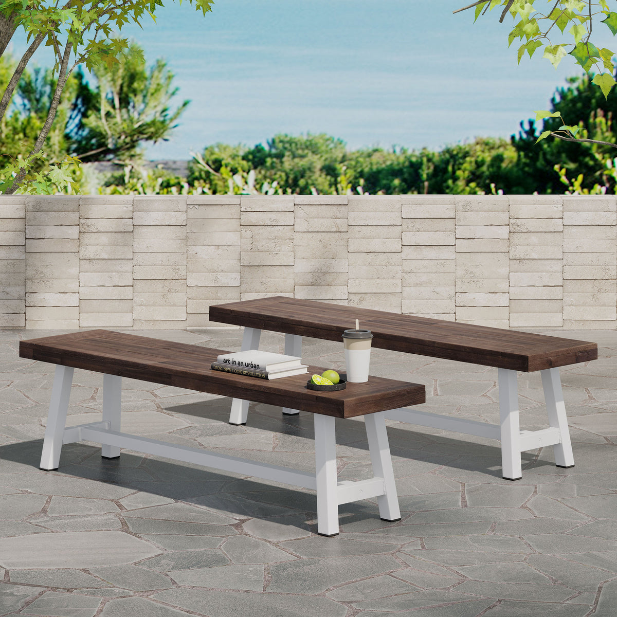Sandblasted Acacia Wood Outdoor Carlisle Bench - Multiple Colors, photo 2 of 10