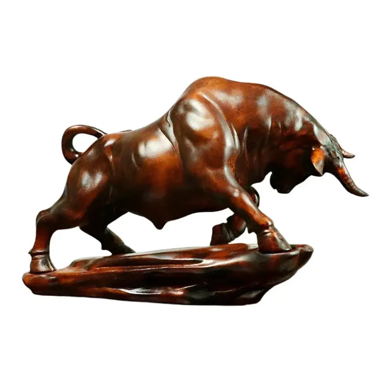 Bull Figurine Hand Carved Boxwood Charging Sculpture for Your Desk by House Of Avana