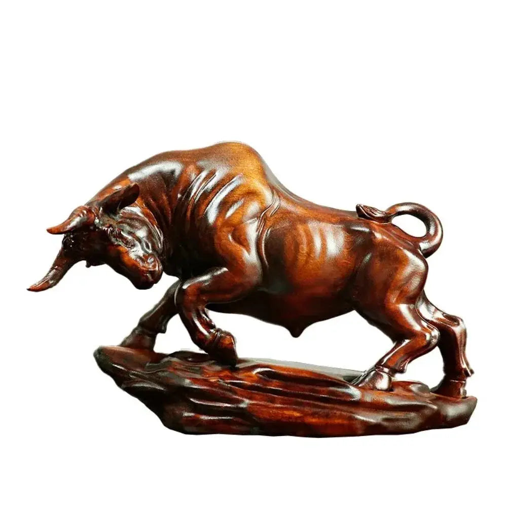 Bull Figurine Hand Carved Boxwood Charging Sculpture for Your Desk by House Of Avana