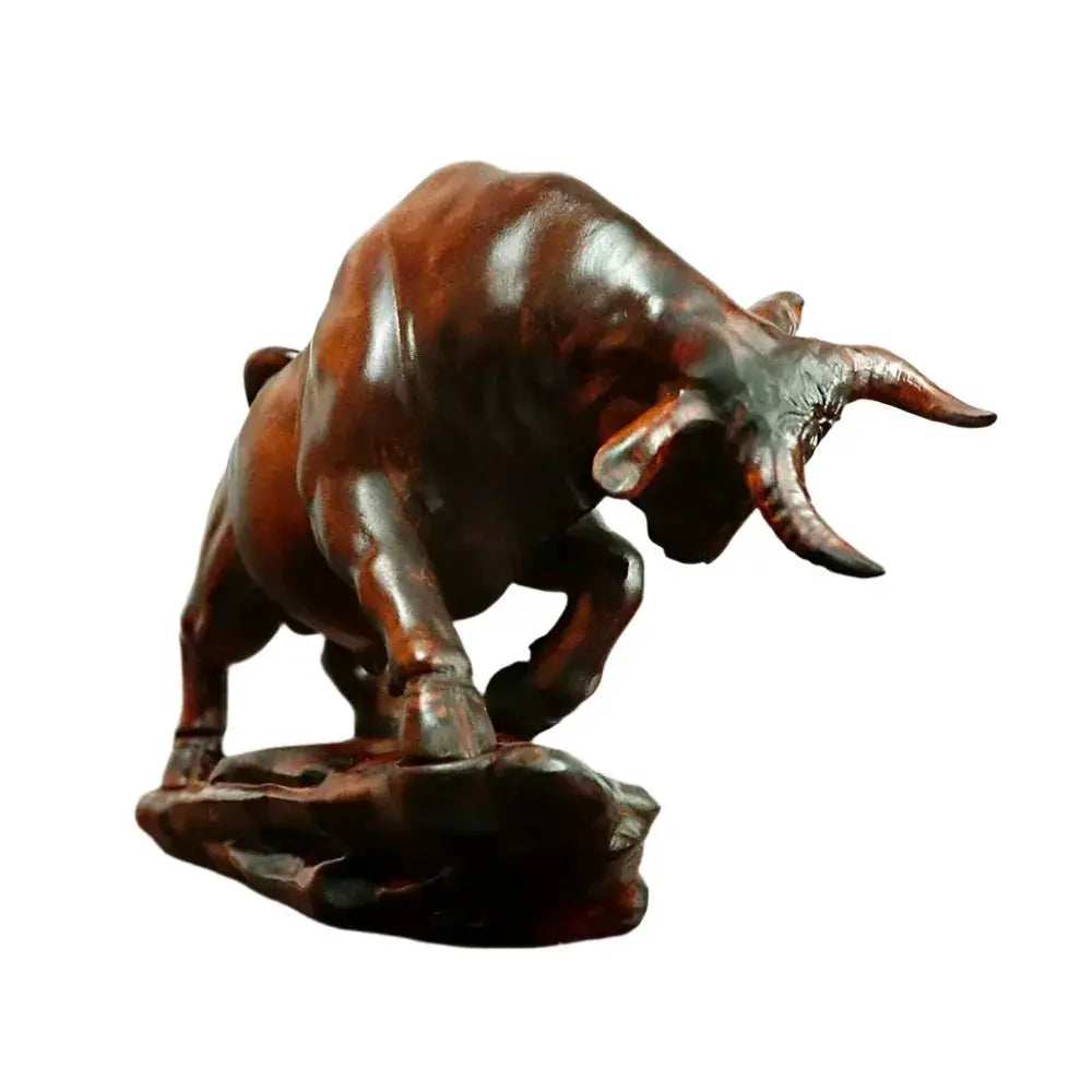 Bull Figurine Hand Carved Boxwood Charging Sculpture for Your Desk by House Of Avana