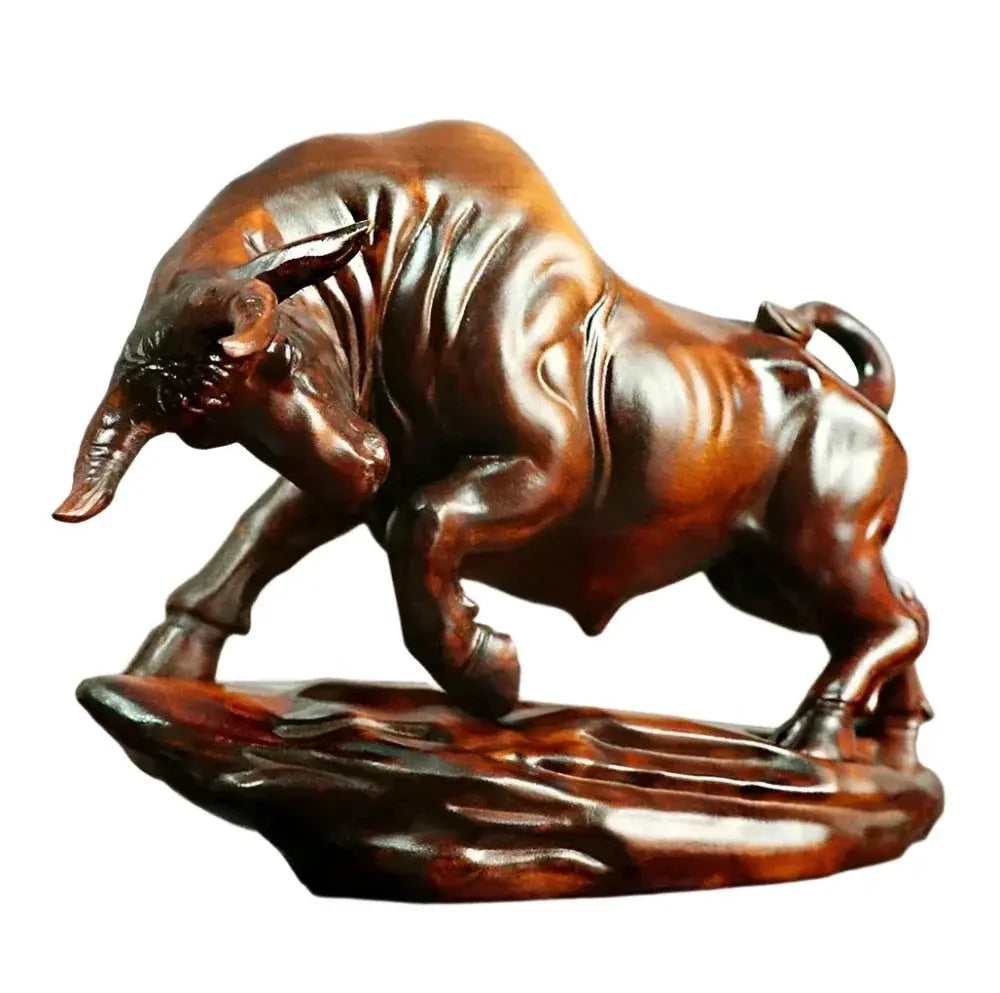 Bull Figurine Hand Carved Boxwood Charging Sculpture for Your Desk by House Of Avana