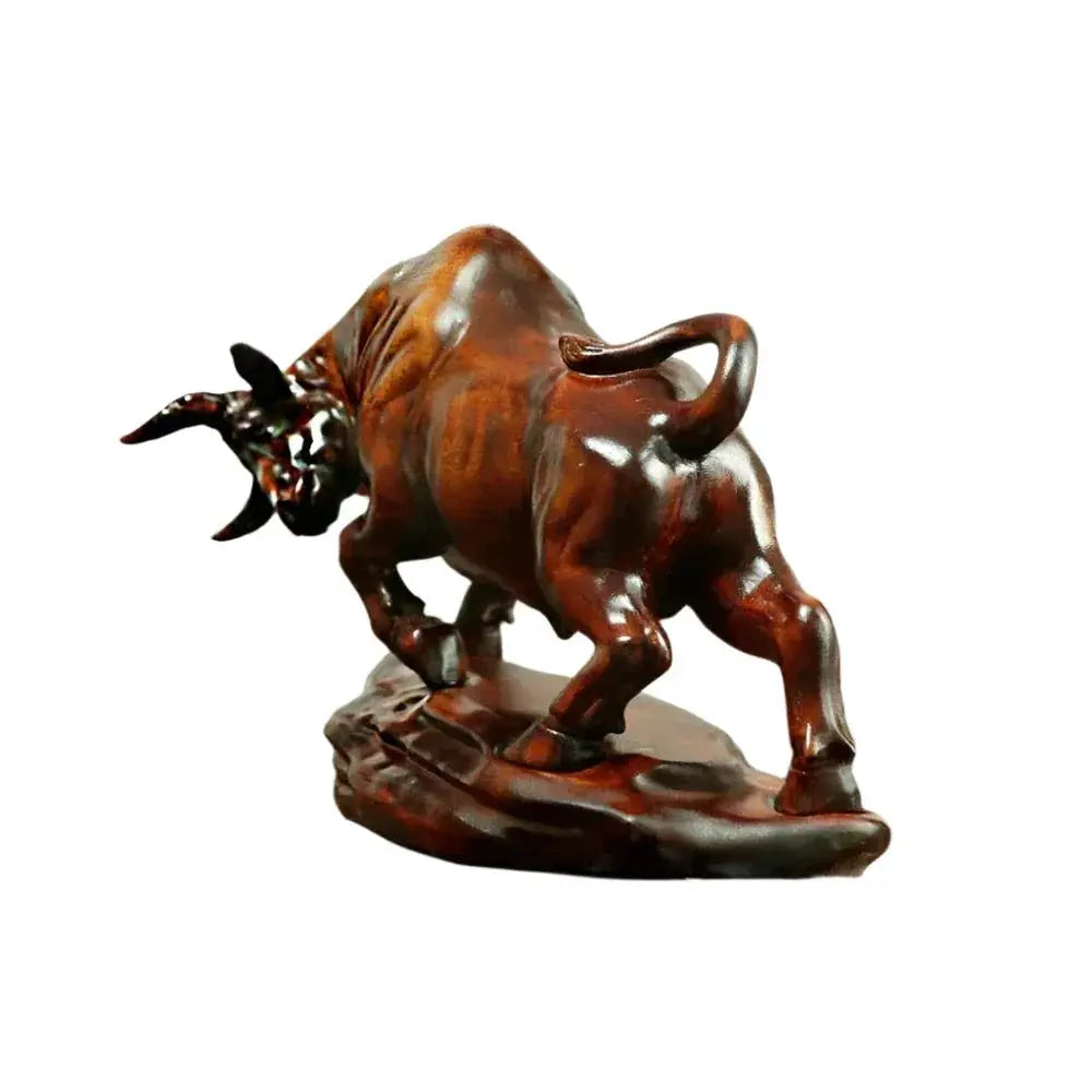 Bull Figurine Hand Carved Boxwood Charging Sculpture for Your Desk by House Of Avana