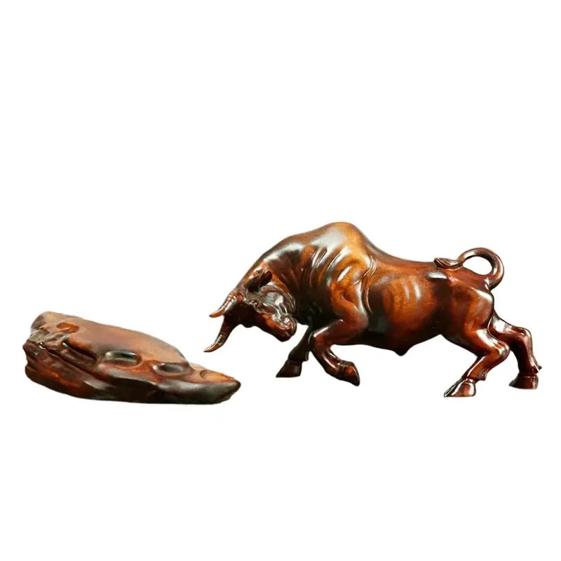 Bull Figurine Hand Carved Boxwood Charging Sculpture for Your Desk by House Of Avana