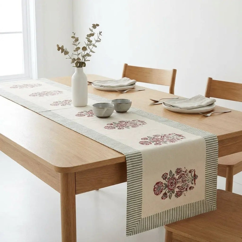 Burgundy & Charcoal Floral Bouquet Table Linen Set – 13 Piece | Hand Block Printed Cotton | Runner, Placemats & Napkins by House Of Avana