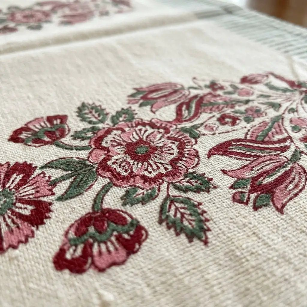 Burgundy & Charcoal Floral Bouquet Table Linen Set – 13 Piece | Hand Block Printed Cotton | Runner, Placemats & Napkins by House Of Avana