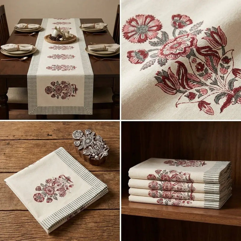 Burgundy & Charcoal Floral Bouquet Table Linen Set – 13 Piece | Hand Block Printed Cotton | Runner, Placemats & Napkins by House Of Avana