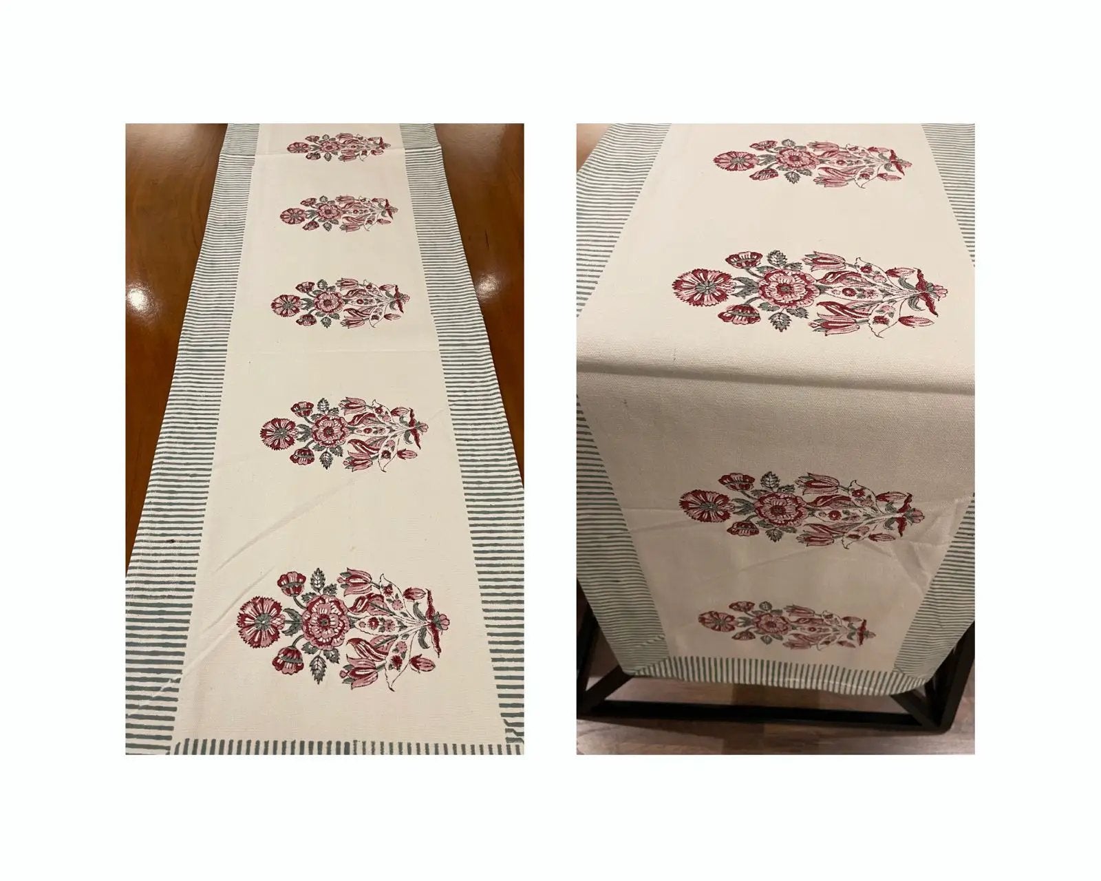 Burgundy & Charcoal Floral Bouquet Table Linen Set – 13 Piece | Hand Block Printed Cotton | Runner, Placemats & Napkins by House Of Avana