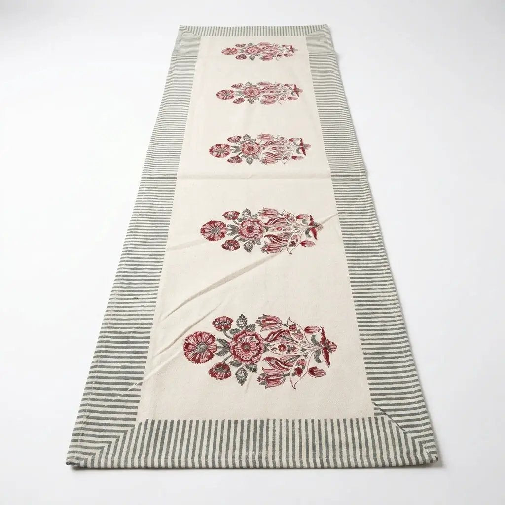 Burgundy & Charcoal Floral Bouquet Table Linen Set – 13 Piece | Hand Block Printed Cotton | Runner, Placemats & Napkins by House Of Avana