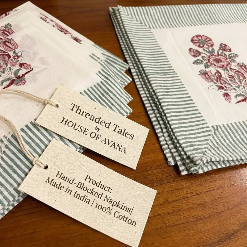 Burgundy & Charcoal Floral Bouquet Table Linen Set – 13 Piece | Hand Block Printed Cotton | Runner, Placemats & Napkins by House Of Avana