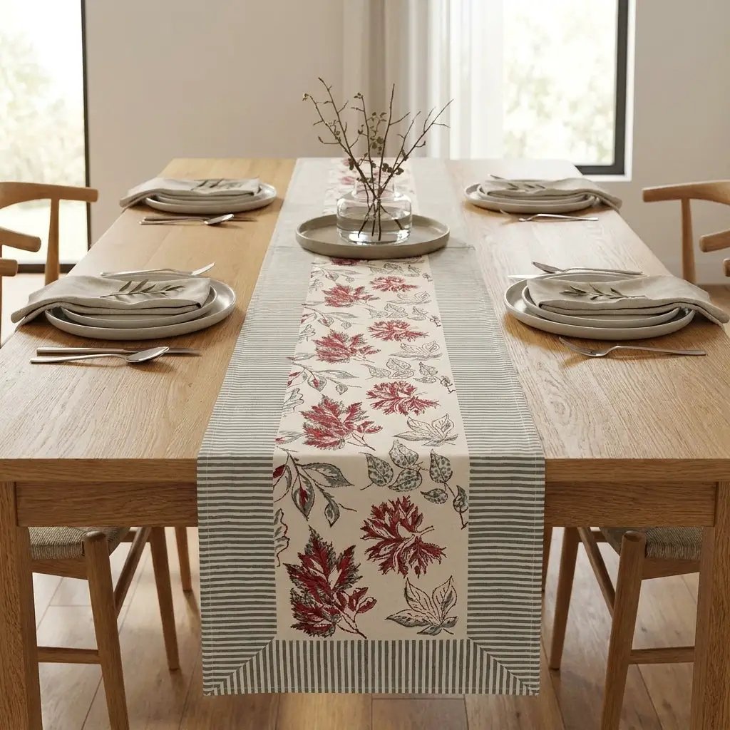 Burgundy & Slate Blue Autumn Leaf Table Linen Set – 13 Piece | Hand Block Printed Cotton | Runner, Placemats & Napkins by House Of Avana