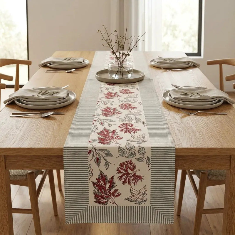Burgundy & Slate Blue Autumn Leaf Table Linen Set – 13 Piece | Hand Block Printed Cotton | Runner, Placemats & Napkins by House Of Avana