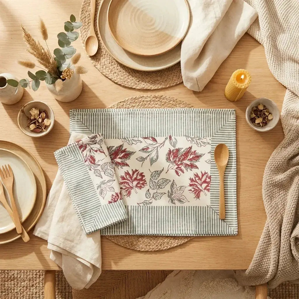 Burgundy & Slate Blue Autumn Leaf Table Linen Set – 13 Piece | Hand Block Printed Cotton | Runner, Placemats & Napkins by House Of Avana