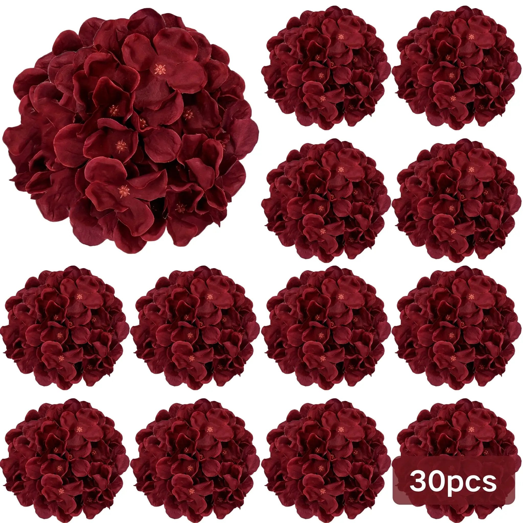Burgundy Silk Hydrangea Heads with Wire Stems, 30 Pieces by House Of Avana
