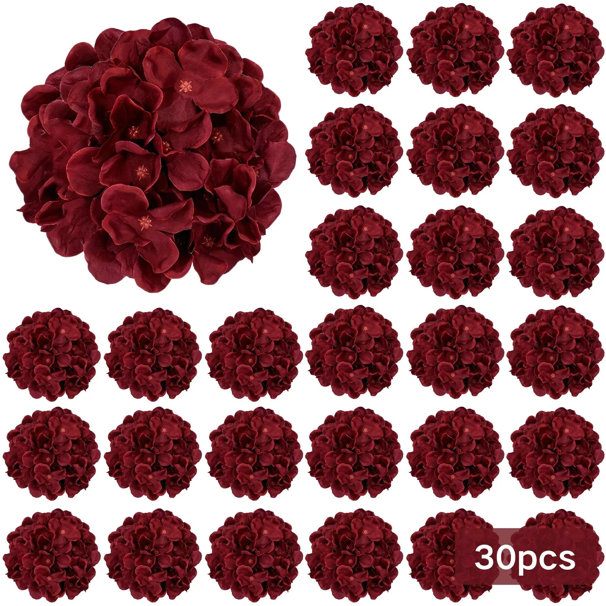 Burgundy Silk Hydrangea Heads with Wire Stems, 30 Pieces by House Of Avana