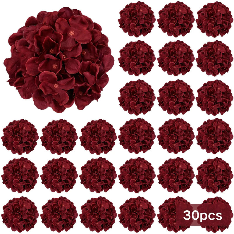 Burgundy Silk Hydrangea Heads with Wire Stems, 30 Pieces by House Of Avana
