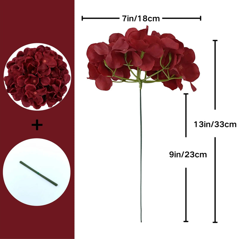Burgundy Silk Hydrangea Heads with Wire Stems, 30 Pieces by House Of Avana