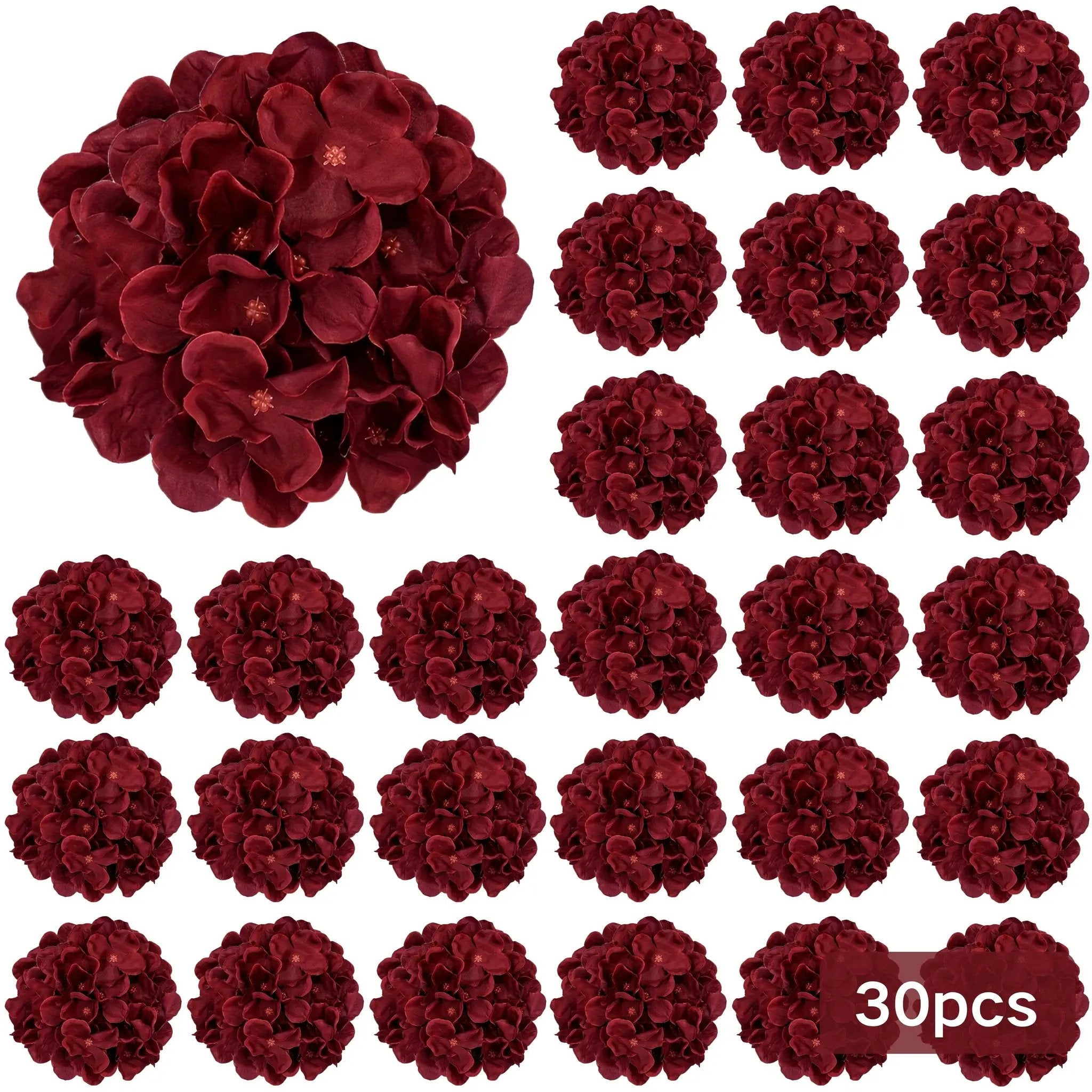 Burgundy Silk Hydrangea Heads with Wire Stems, 30 Pieces by House Of Avana