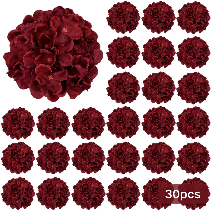 Burgundy Silk Hydrangea Heads with Wire Stems, 30 Pieces by House Of Avana