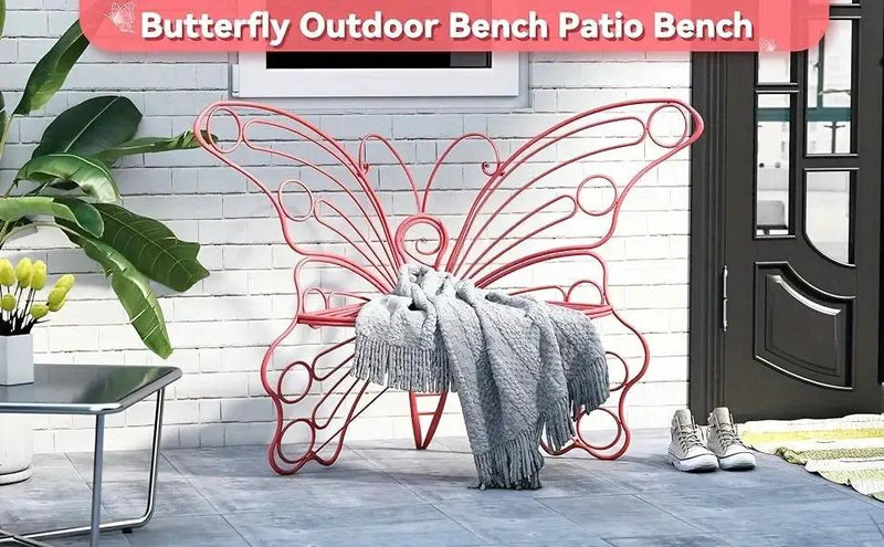 Butterfly Metal Garden Bench with Handcrafted Back Support by House Of Avana