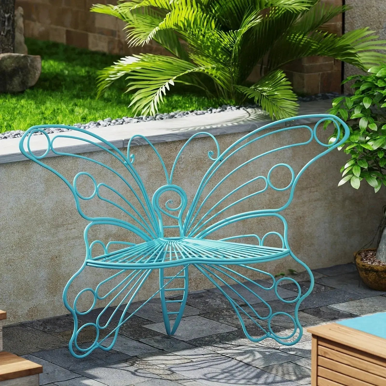 Butterfly Metal Garden Bench with Handcrafted Back Support by House Of Avana