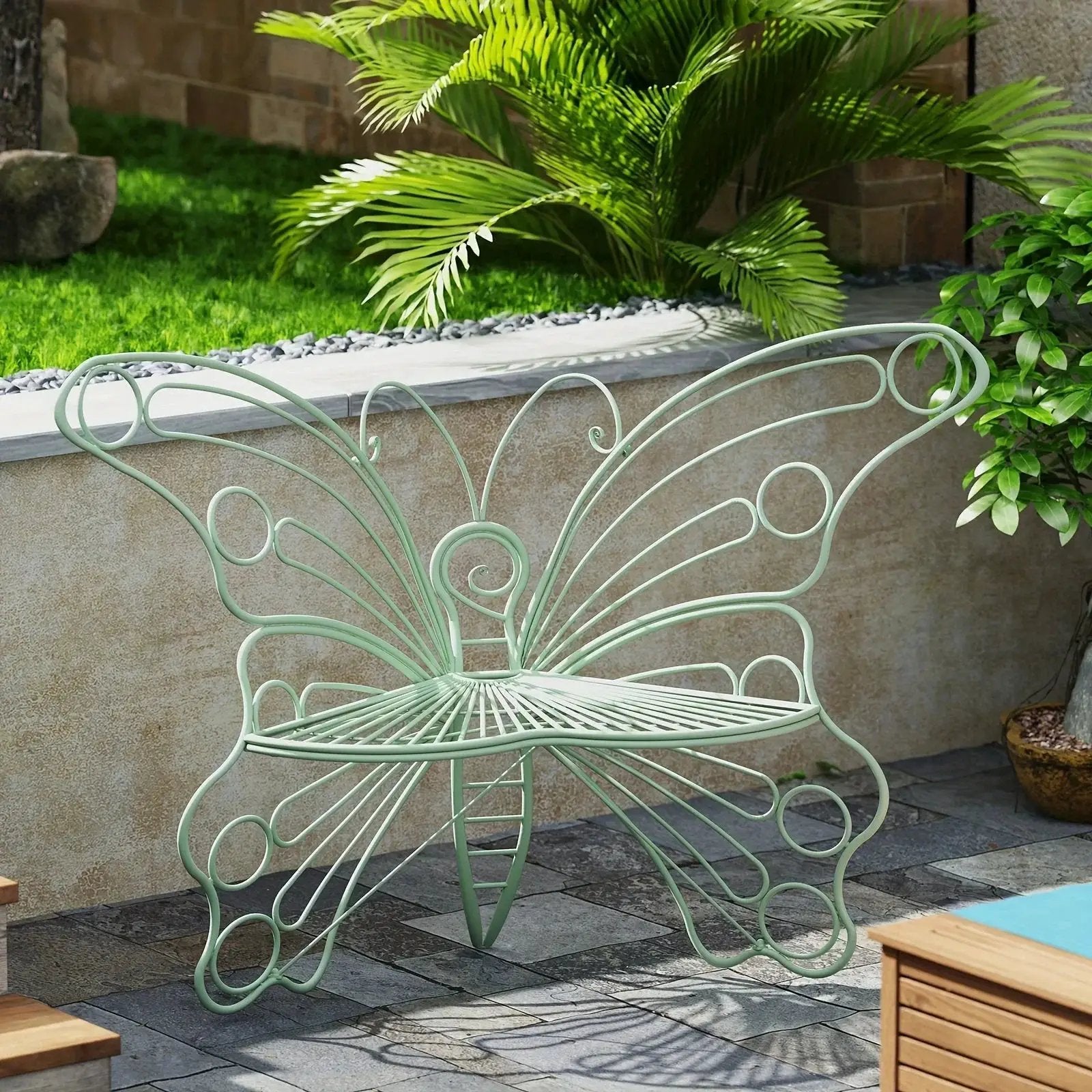 Butterfly Metal Garden Bench with Handcrafted Back Support by House Of Avana