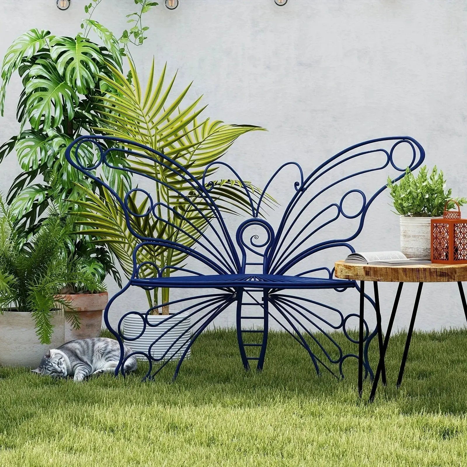 Butterfly Metal Garden Bench with Handcrafted Back Support by House Of Avana