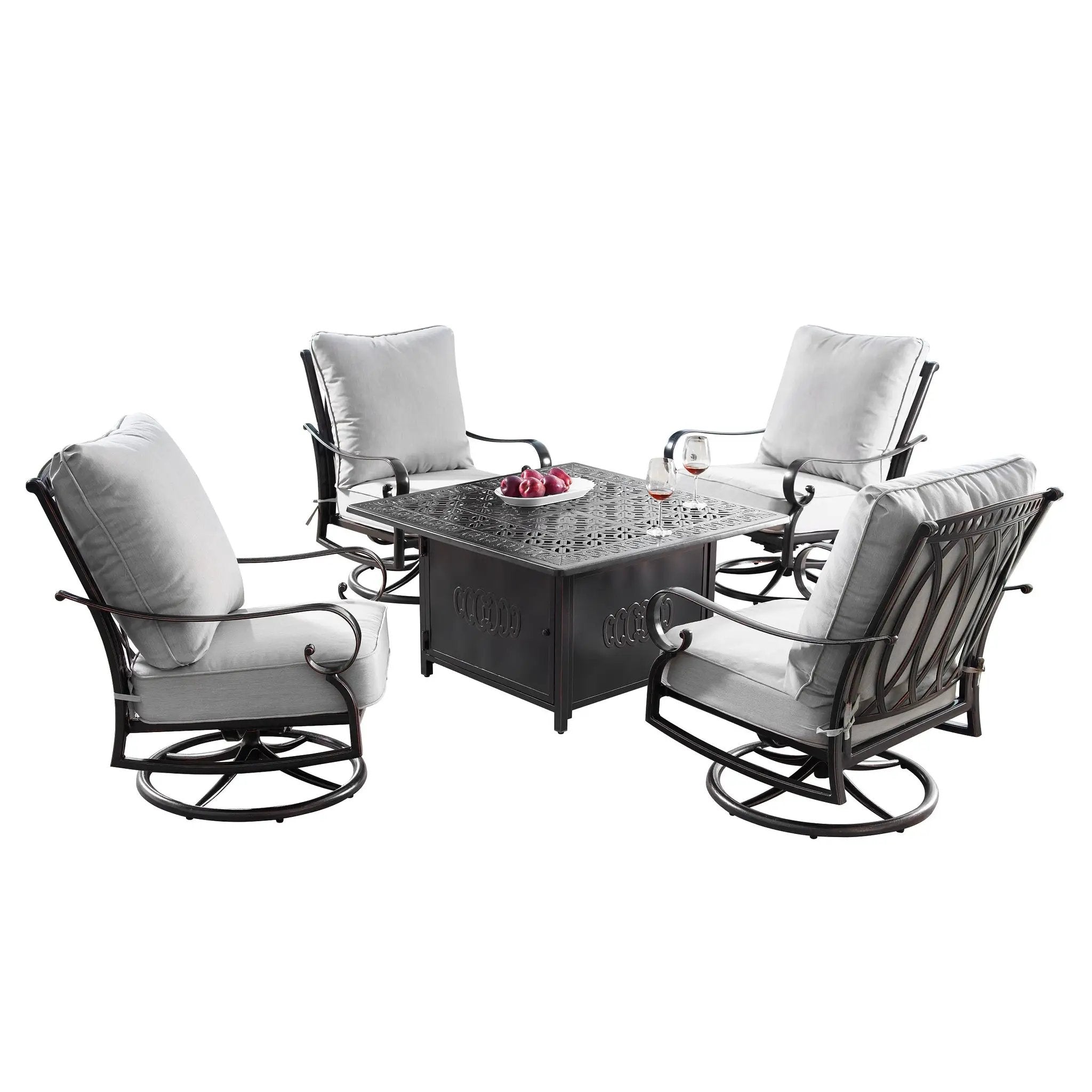 Aluminum 42-in Square Patio Fire Table Set with Swivel Rocking Chairs by Sharicks