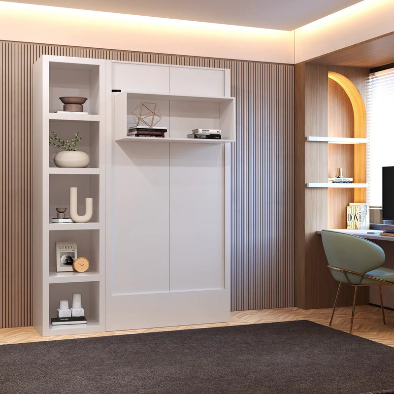 Easy-Lift Twin Murphy Wall Bed in White with Bookshelf by Sharicks