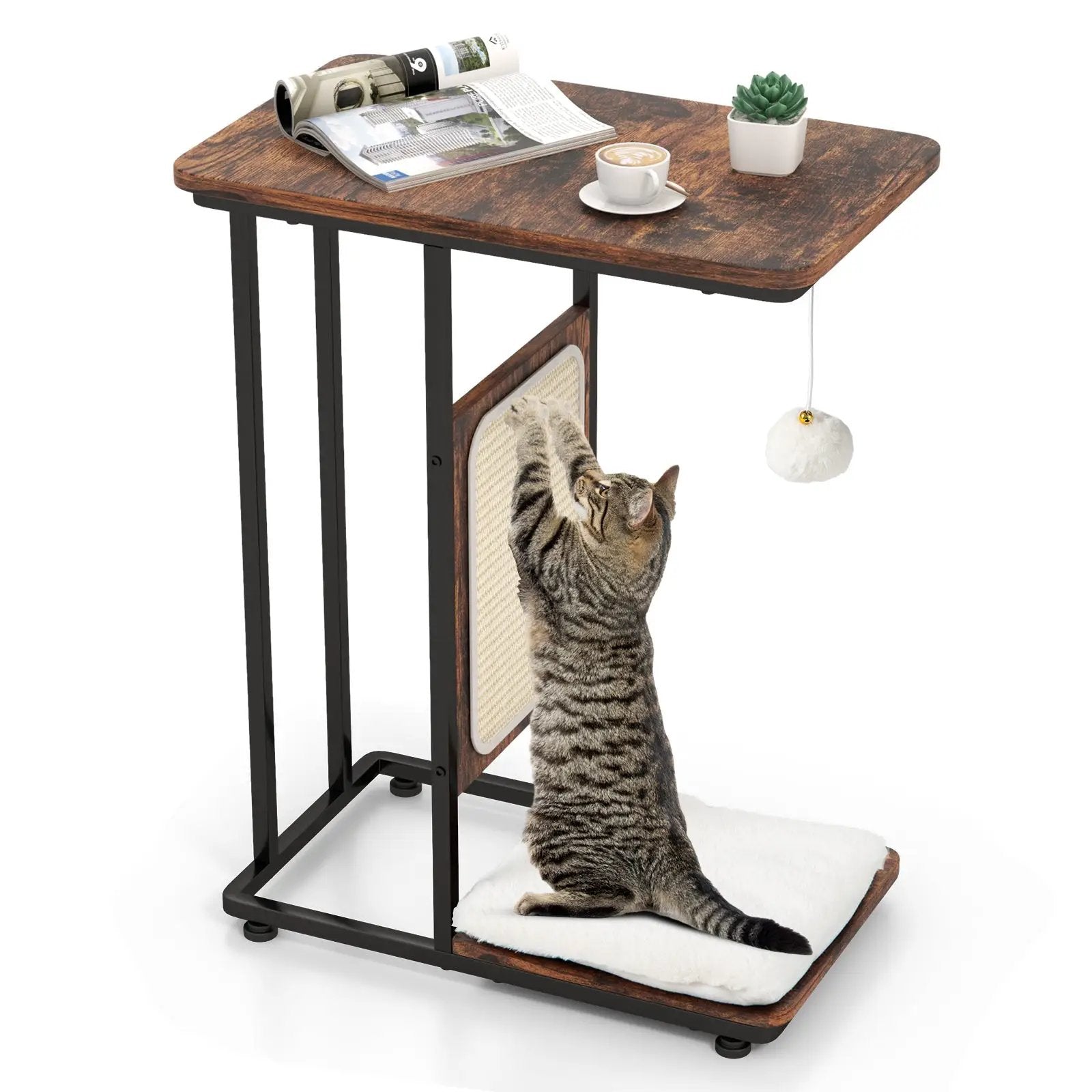 C- Shaped Cat Side Table Cat Tree with Scratching Board-Rustic Brown by DirectDeals