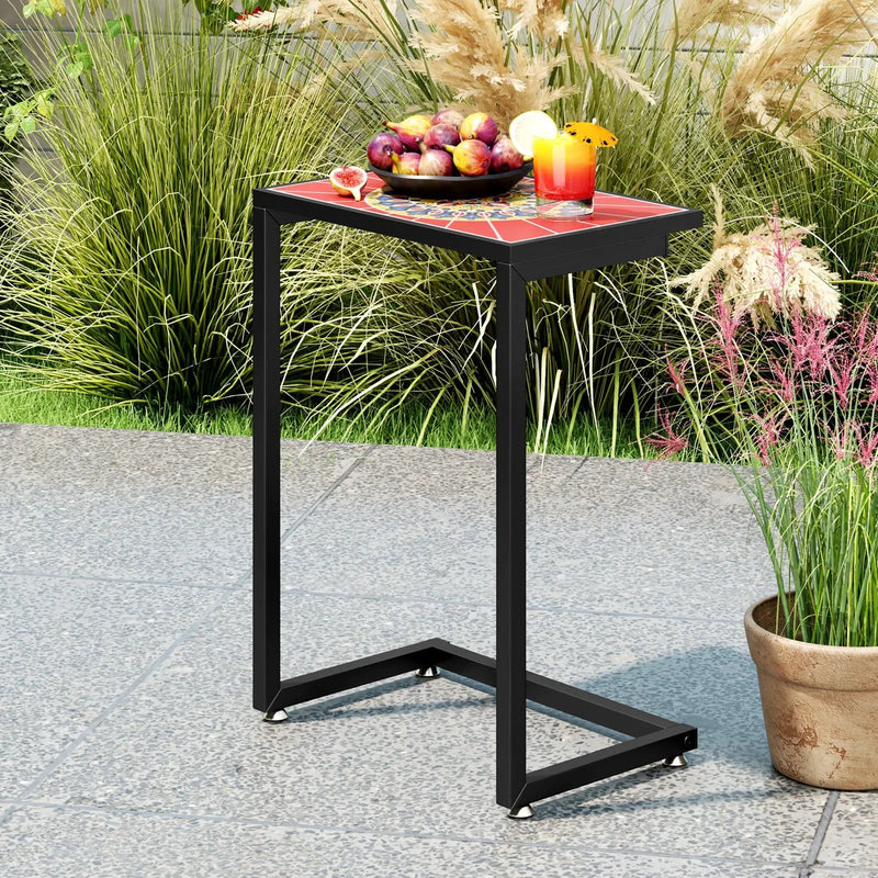 C-shaped Waterproof Outdoor Side End Table with Ceramic Top by DirectDeals