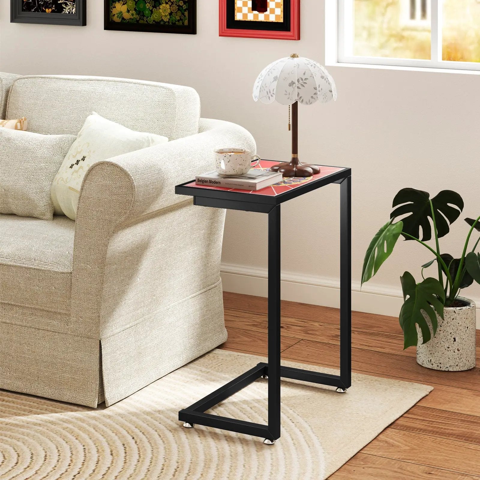 C-shaped Waterproof Outdoor Side End Table with Ceramic Top by DirectDeals