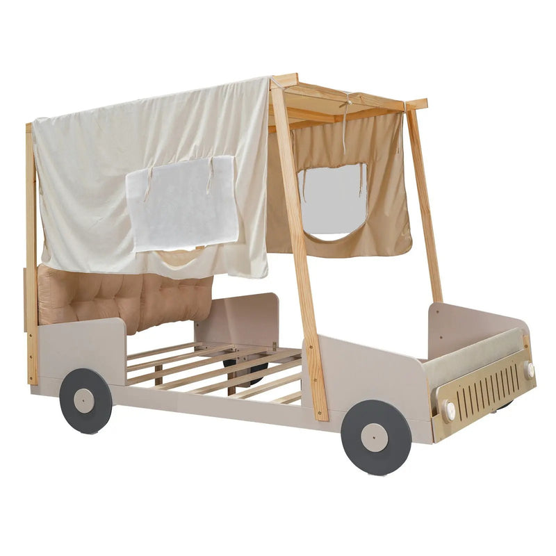 Twin Size Car Bed & Pillow, Ceiling Cloth And LED - Natural by HouseOfZazla