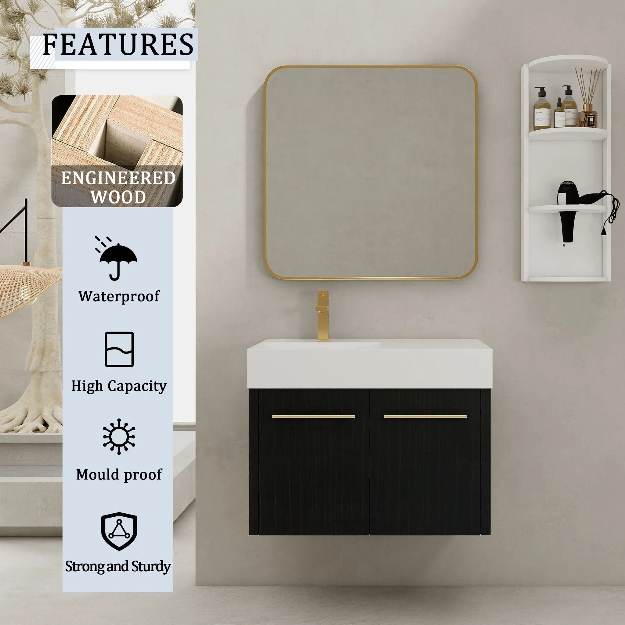 Modern Wall Mounted Bathroom Vanity With Resin Sink And Storage Rack by Unique Piece Furniture