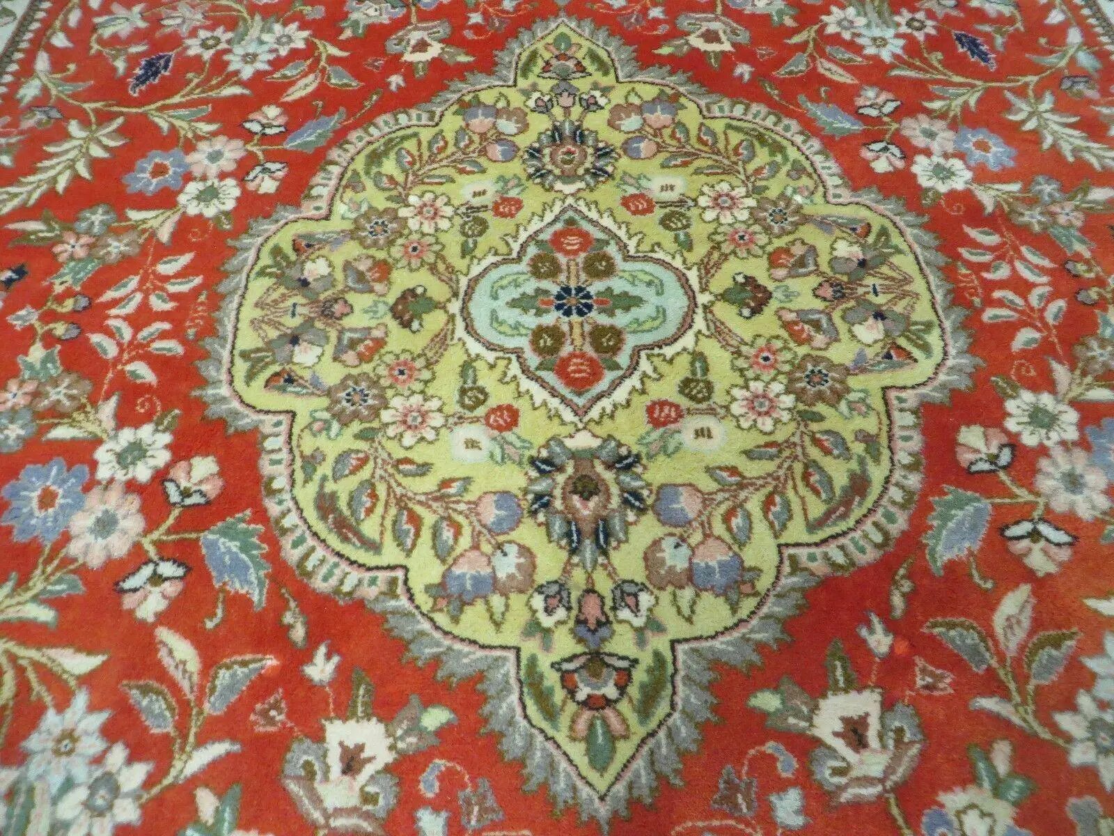 Vintage Persian Tabriz Rug 9x12, Tabatabaie Rug 9x12 Carpet, Handmade Hand Knotted Wool Area Rug, Tomato Red Beige, Medallion Rug, Floral by Jewel Rugs