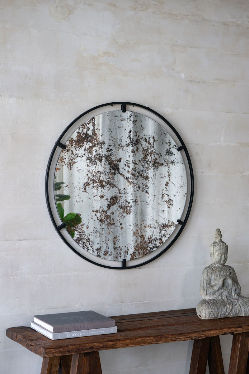Round Industrial Wall Mirror with Metal Frame - Black