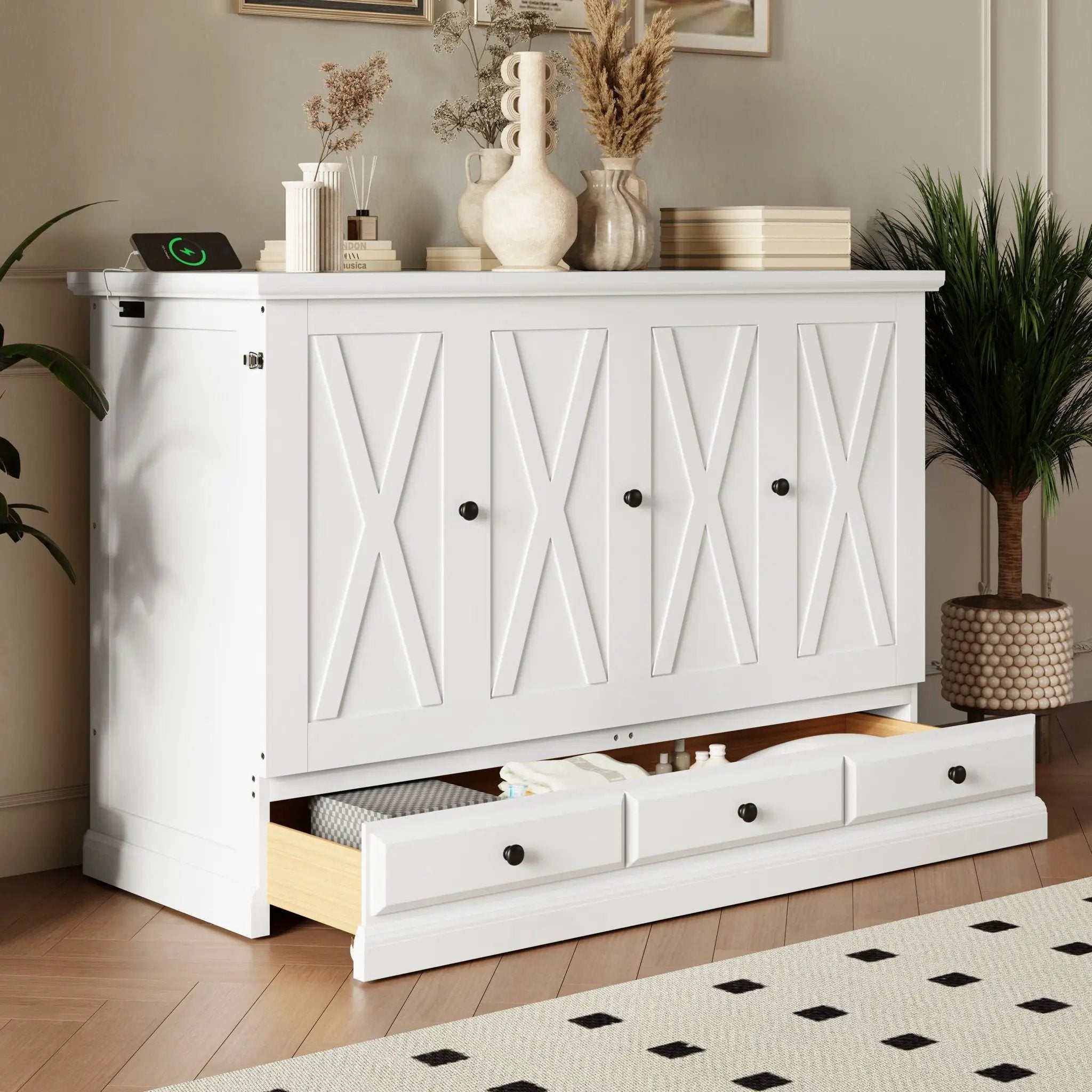Solid Pine Murphy Bed Chest Cube Cabinet Bed With Charging Station And Large Storage Drawer For Home Office Or Small Room by HouseOfZazla