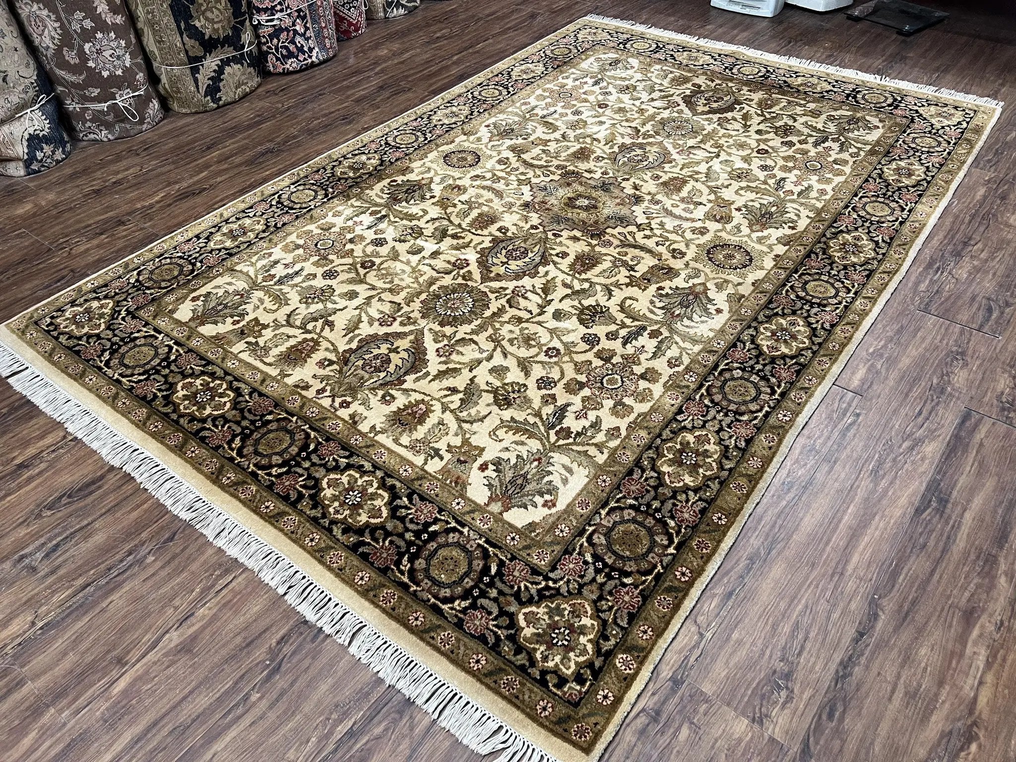 Indo Mahal Rug 6x9, Indian Floral Carpet 6 x 9, Beige and Black, Allover Design, Living Room Rug, Bedroom Rug, Traditional Rug, Vintage Rug by Jewel Rugs